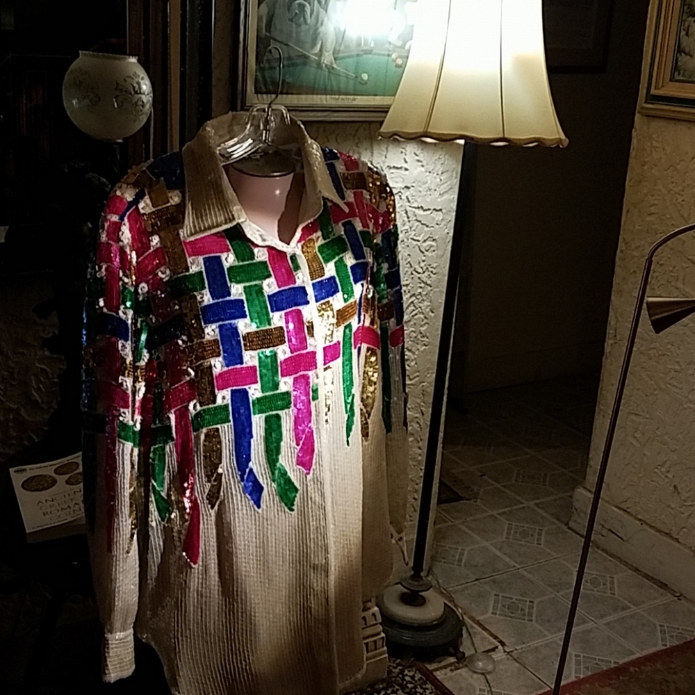 Showstopping multi design silk and sequins top